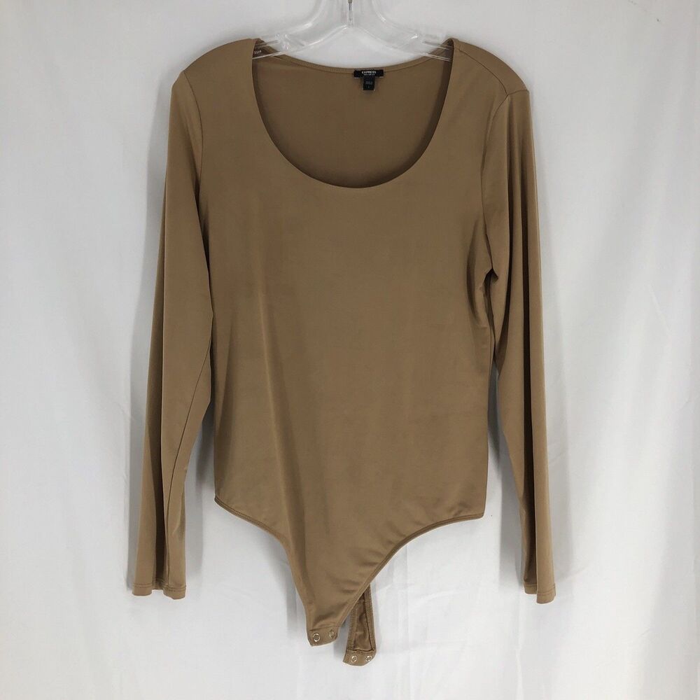 Express Gold Long Sleeve Scoop Neck Bodysuit, Solid Opaque, Women's L